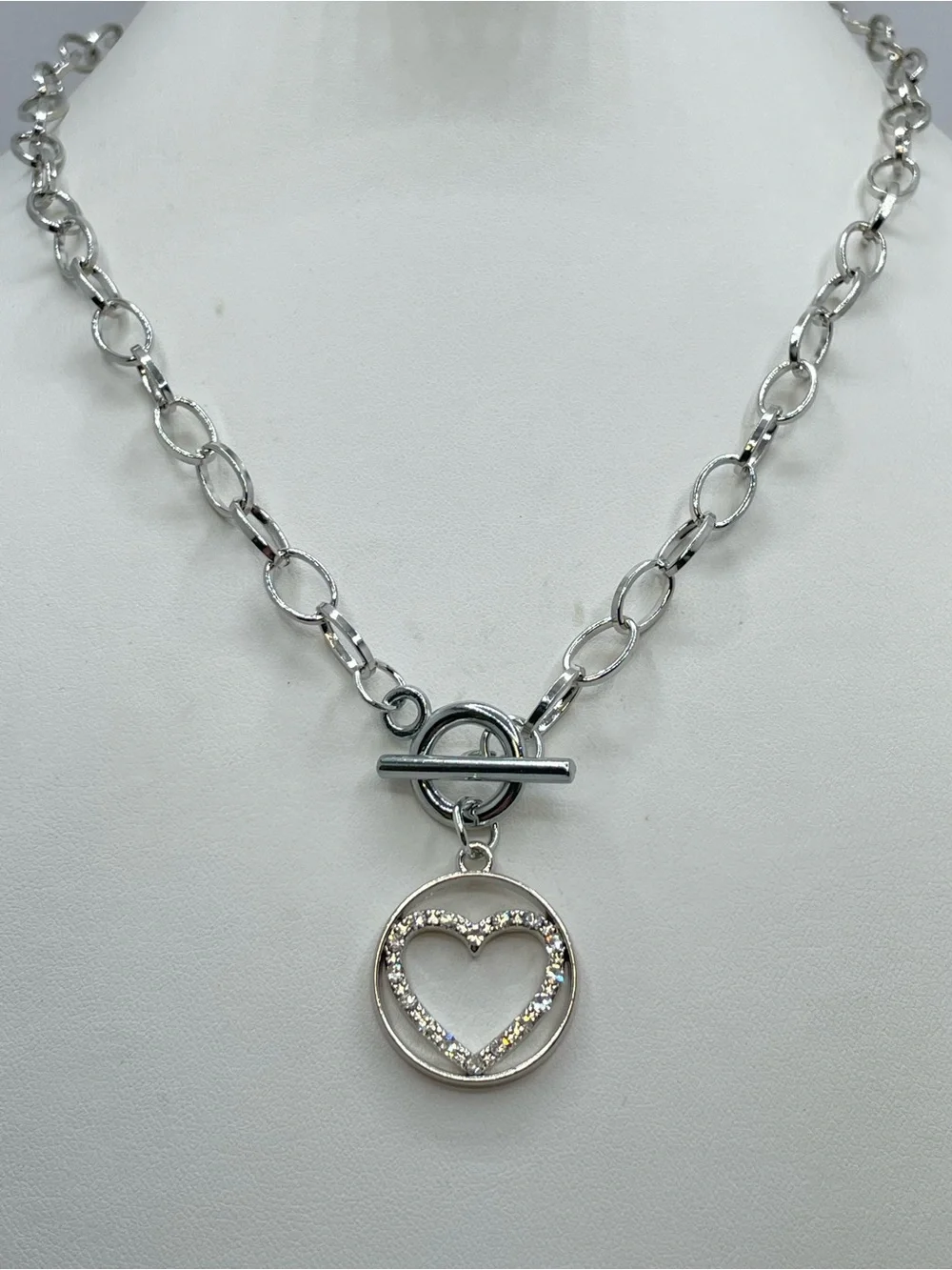 Silver Tone Crystal Heart Toggle Necklace Romantic Glam Statement